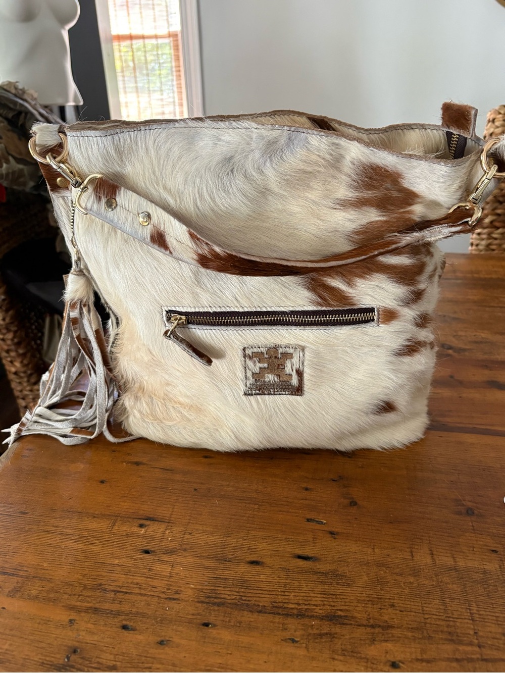 Charlie Leather Genuine Hair-on-Hide Cowhide Fringe Shoulder Bag Brown White - Picture 4 of 14